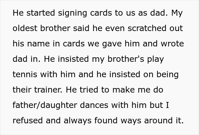 Text excerpt describing stepdad trying to displace kids’ bio dad by signing cards and forcing activities.