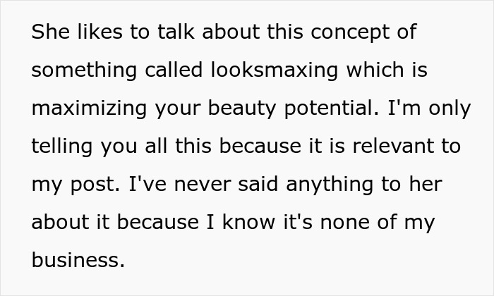 Text about looksmaxing and beauty potential, related to a plastic surgery gift card refusal story. Text about looksmaxing and beauty potential, related to a plastic surgery gift card refusal story.