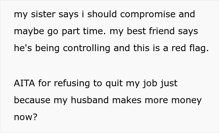 Text excerpt about woman refusing to quit job after husband's promotion and receiving gender roles lecture from mother-in-law.
