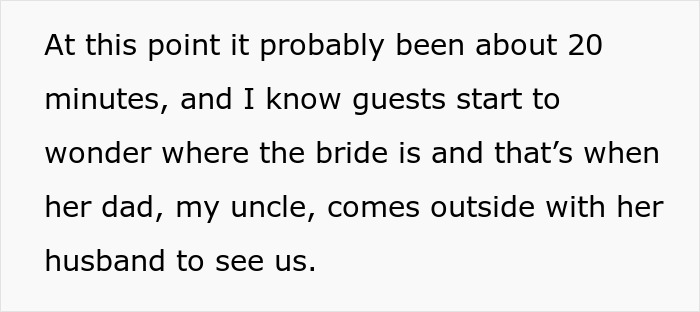 Text excerpt describing a bride's dad coming outside with her husband as guests wonder at a wedding scene. Text excerpt describing a bride's dad coming outside with her husband as guests wonder at a wedding scene.