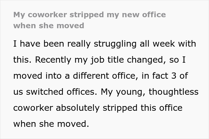 Frustrated coworker in tears after office swap chaos as employee takes everything from shared workspace. Frustrated coworker in tears after office swap chaos as employee takes everything from shared workspace.