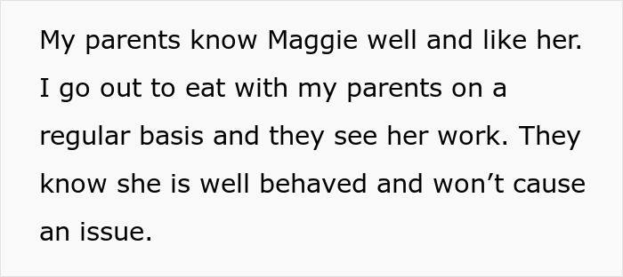 Text excerpt from a woman explaining how her service dog is well behaved and accepted by her parents during Thanksgiving. Text excerpt from a woman explaining how her service dog is well behaved and accepted by her parents during Thanksgiving.