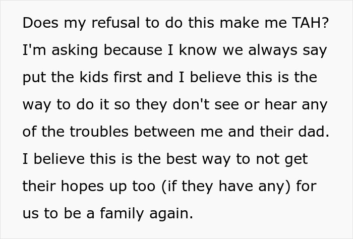Text excerpt discussing refusal to host blended family Christmas, focusing on protecting kids from parental troubles and managing family hopes.
