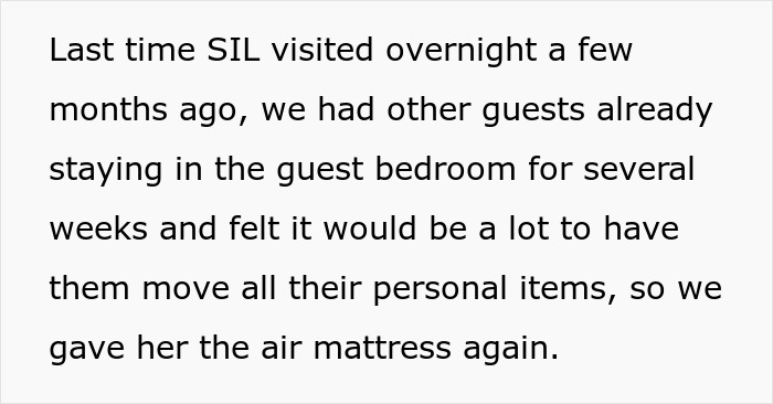 Text excerpt about pregnant SIL offended after being given an air mattress while couple claims their room instead.