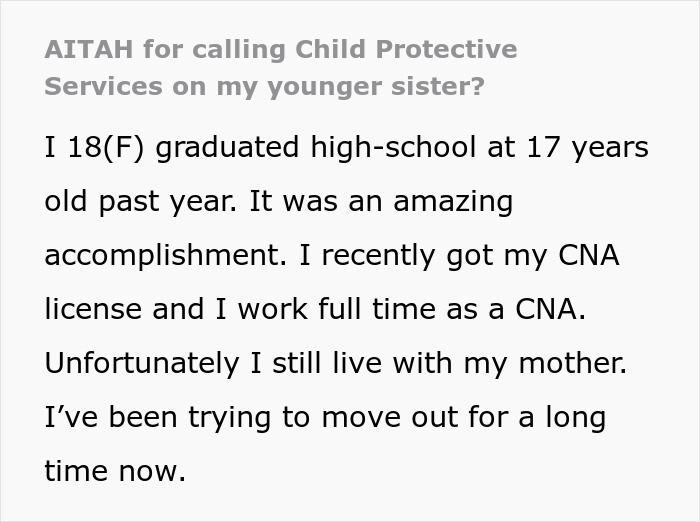 Text post about an 18-year-old sister calling Child Protective Services due to teen parental responsibilities. Text post about an 18-year-old sister calling Child Protective Services due to teen parental responsibilities.