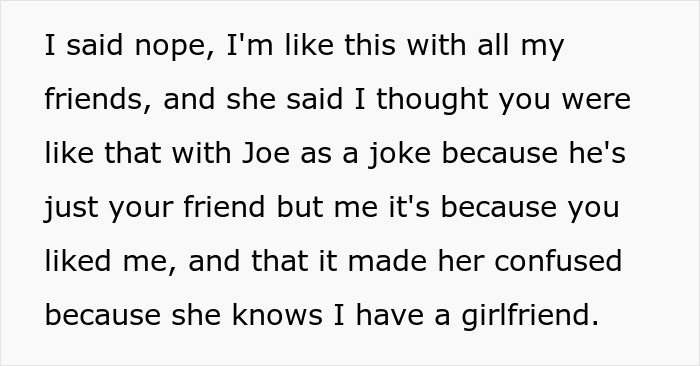 Text passage showing a guy irked that friend wants to sit on his lap and he learns that she likes him despite having a girlfriend. Text passage showing a guy irked that friend wants to sit on his lap and he learns that she likes him despite having a girlfriend.