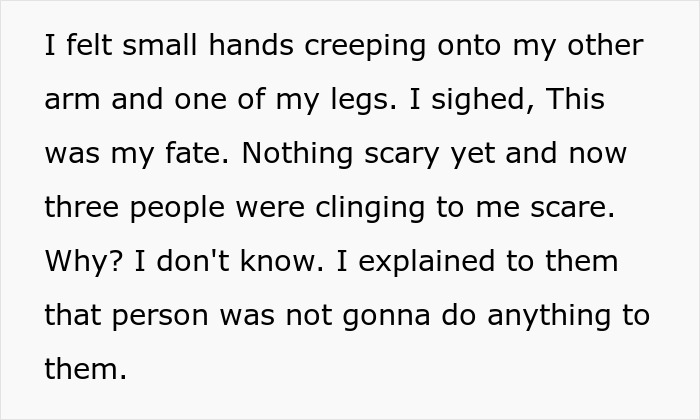 Text excerpt describing a scared child on a haunted hayride with small hands clinging for comfort during a spooky experience. Text excerpt describing a scared child on a haunted hayride with small hands clinging for comfort during a spooky experience.
