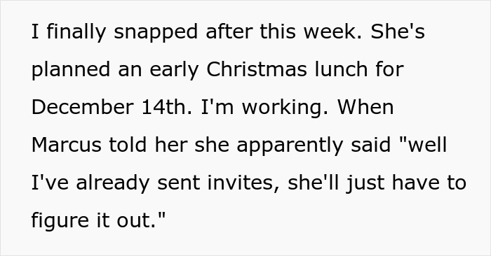 Text excerpt discussing future MIL scheduling family events on days woman is working and her decision to stop attending. Text excerpt discussing future MIL scheduling family events on days woman is working and her decision to stop attending.