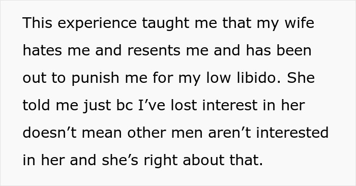 Text about husband refusing intimacy for years citing low libido, while wife finds someone else younger.