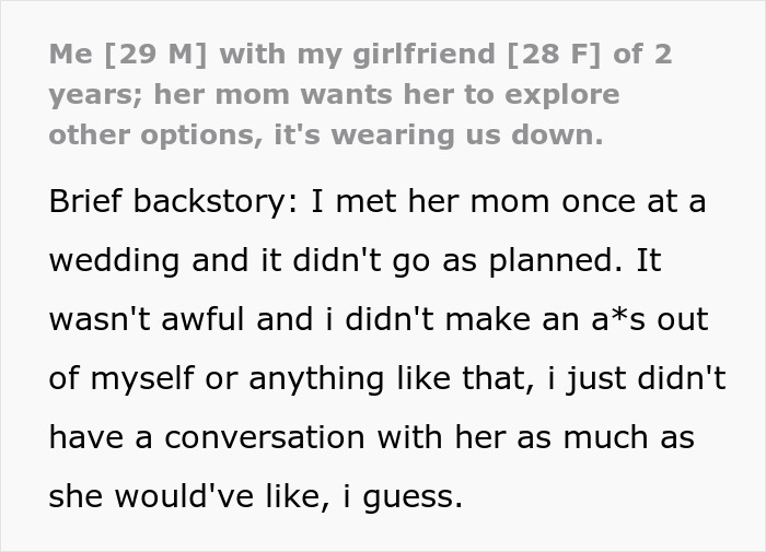 Text excerpt from a man describing issues with his girlfriend’s mom after she encouraged her to explore other dating options.