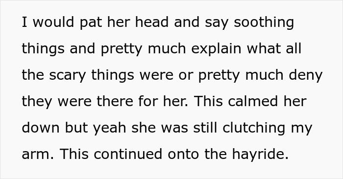 Text excerpt describing comforting a scared child during a haunted hayride, highlighting scared kids and hayride experience. Text excerpt describing comforting a scared child during a haunted hayride, highlighting scared kids and hayride experience.
