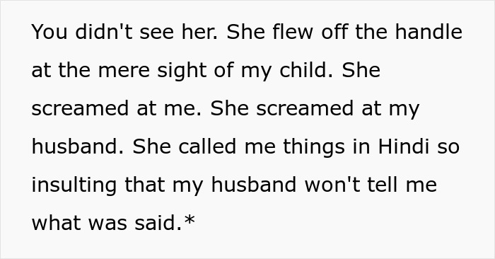 Text excerpt depicting an Indian grandmother demanding a DNA test, claiming the baby is too pale to be her son's child. Text excerpt depicting an Indian grandmother demanding a DNA test, claiming the baby is too pale to be her son's child.