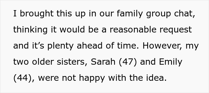 Woman asks for a break from hosting traditional family Thanksgiving, causing conflict with sisters in group chat. Woman asks for a break from hosting traditional family Thanksgiving, causing conflict with sisters in group chat.