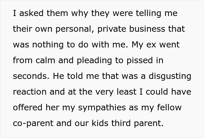 Text discussing a cheating husband angry at ex-wife for not caring about his mistress’s infertility and urging to let go of hate. Text discussing a cheating husband angry at ex-wife for not caring about his mistress’s infertility and urging to let go of hate.