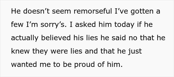 Text excerpt about a man lying regarding his master’s degree and his wife discovering the truth.