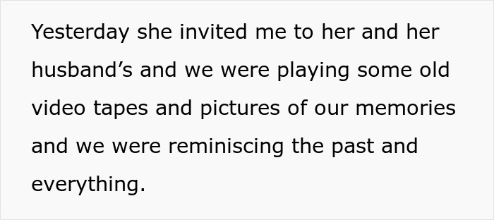 Alt text: Text excerpt describing a woman reminiscing with a friend and her husband while watching old videos and pictures. Alt text: Text excerpt describing a woman reminiscing with a friend and her husband while watching old videos and pictures.
