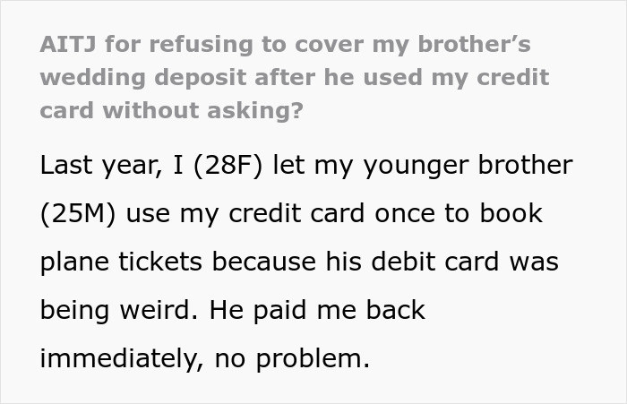 Screenshot of a forum post about a brother using his sister&rsquo;s credit card without permission and their dispute over it.