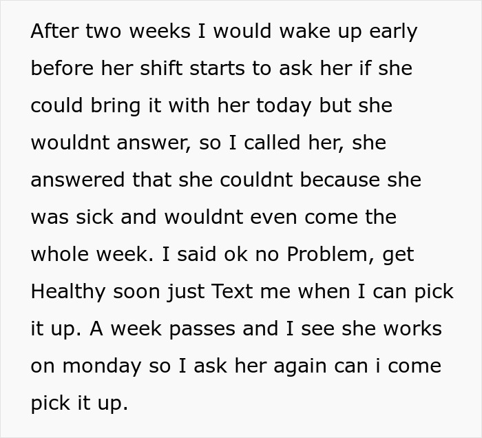 Text excerpt describing a woman refusing to return her coworker's expensive jacket despite multiple requests. Text excerpt describing a woman refusing to return her coworker's expensive jacket despite multiple requests.
