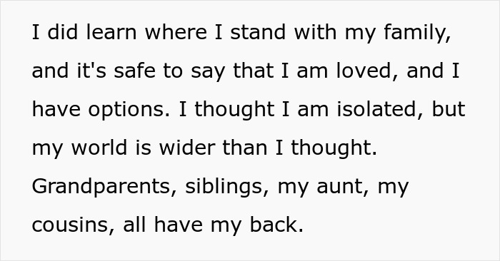 Text excerpt about family support and realization of being loved, relating to mom affair college money dad situation. Text excerpt about family support and realization of being loved, relating to mom affair college money dad situation.