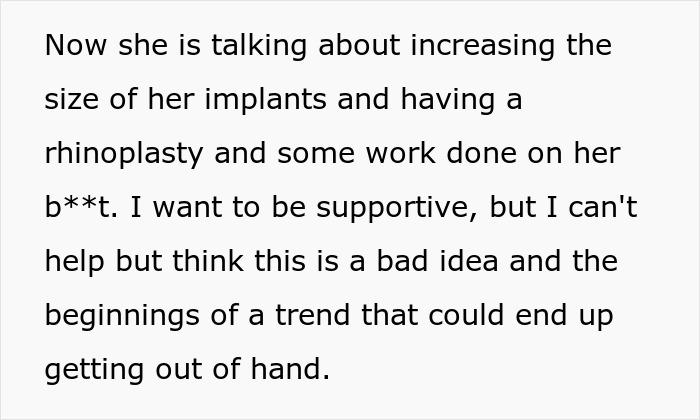 Text discussing a woman considering more plastic surgeries and her husband’s honest reaction about potential risks. Text discussing a woman considering more plastic surgeries and her husband’s honest reaction about potential risks.