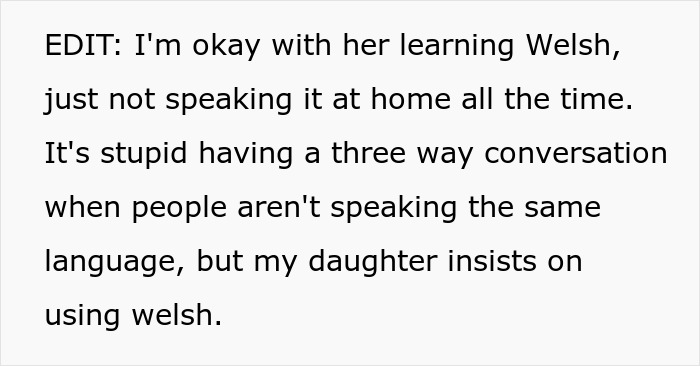 Text discussing a dad calling mom’s native language pointless and banning daughter from using it, sparking debate. Text discussing a dad calling mom’s native language pointless and banning daughter from using it, sparking debate.