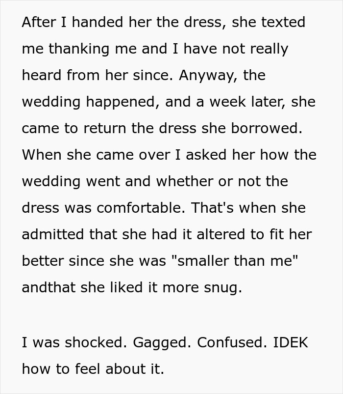 Text excerpt showing a woman shocked and confused after the borrowed dress was altered without permission and a $90 fee was requested.
