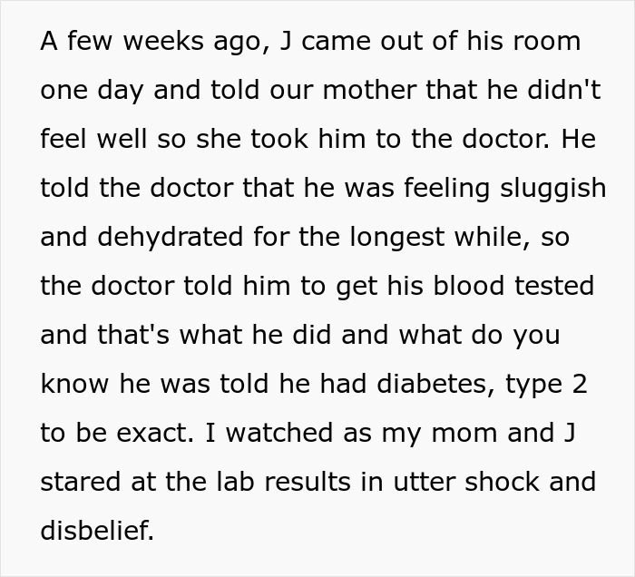 Brother mocks sister’s weight for years until he is diagnosed with type 2 diabetes, surprising the whole family.