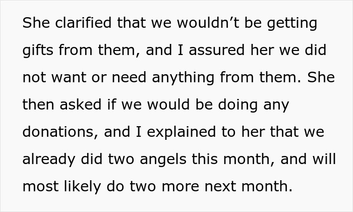 Text excerpt discussing a woman’s decision related to child’s Christmas presents and charity donations.