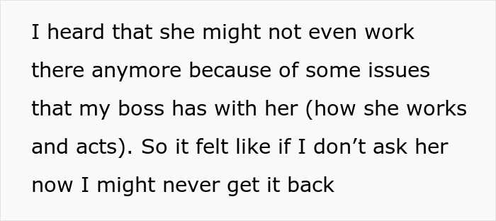 Text about a woman refusing to return a coworker’s expensive jacket, causing workplace tension. Text about a woman refusing to return a coworker’s expensive jacket, causing workplace tension.