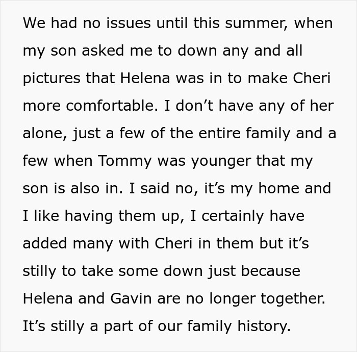 Text excerpt about a jealous wife upset over hubby’s mom having pictures of his ex in her house, debating removal.