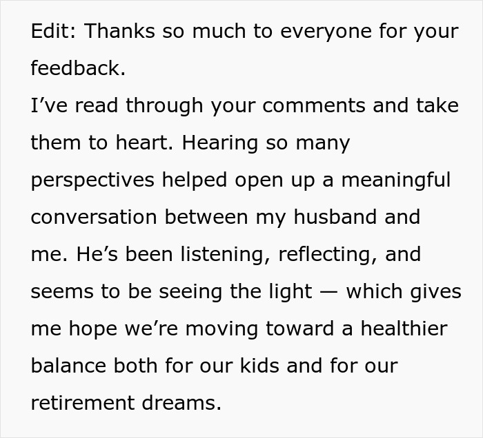 Text expressing gratitude for feedback and hope for better husband retirement, children, and finances balance. Text expressing gratitude for feedback and hope for better husband retirement, children, and finances balance.