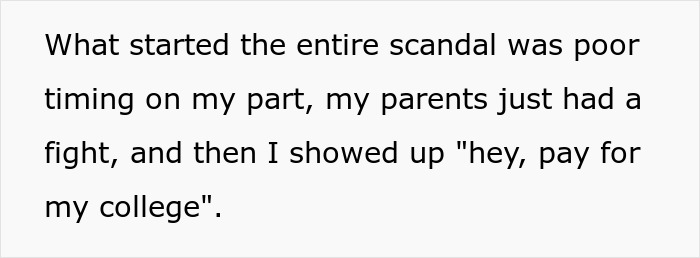 Text excerpt about a mom affair and college money causing tension after a parents' fight. Text excerpt about a mom affair and college money causing tension after a parents' fight.