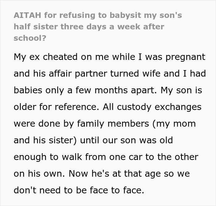 Text excerpt about a guy cheating on his wife and custody exchanges involving his affair child and family members. Text excerpt about a guy cheating on his wife and custody exchanges involving his affair child and family members.