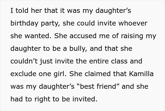 Text excerpt about 13YO refusing to invite one girl to birthday party, mom supporting mean plan, causing backlash. Text excerpt about 13YO refusing to invite one girl to birthday party, mom supporting mean plan, causing backlash.