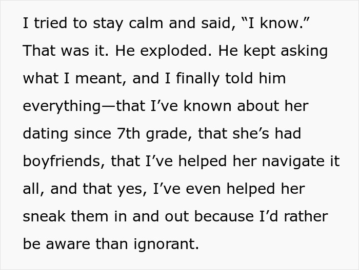 Text excerpt revealing a man’s reaction to teen daughter’s relationship and why his wife helped to hide it.