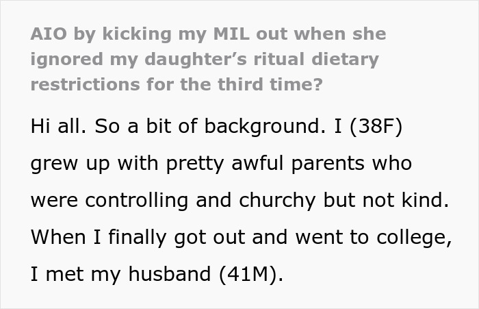 Text post discussing a mom reaching breaking point as in-laws mock daughter’s paganism and ignore dietary restrictions.