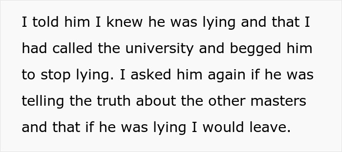 Text excerpt revealing a wife confronting her husband about lying regarding his master’s degree credentials.