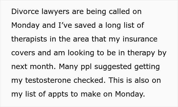 Text from a person discussing calling divorce lawyers and seeking therapy after husband refuses intimacy for five years.