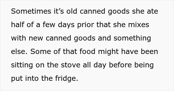 Text excerpt showing concerns about hazardous cooking and old canned goods mixed with fresh food, risking pregnancy safety. Text excerpt showing concerns about hazardous cooking and old canned goods mixed with fresh food, risking pregnancy safety.