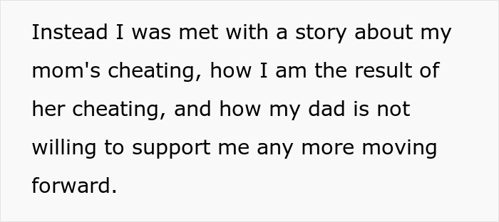 Text excerpt about mom affair and lack of dad support affecting college money and future plans. Text excerpt about mom affair and lack of dad support affecting college money and future plans.