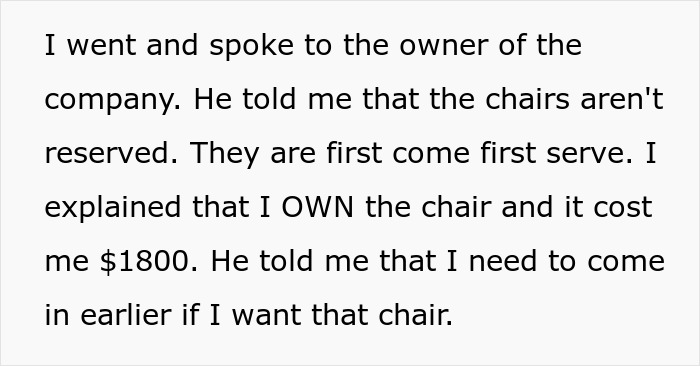 Text excerpt about person owning a $1.8K office chair and conflict over its use leading to job loss.