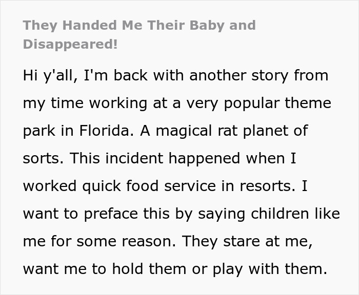 Theme park worker left carrying an unknown baby for 30 minutes as parents vanish into the crowd in Florida resort. Theme park worker left carrying an unknown baby for 30 minutes as parents vanish into the crowd in Florida resort.
