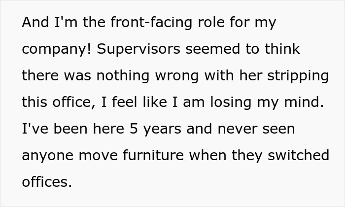 Text post describing an office swap gone wrong as an employee takes everything, frustrating a coworker to tears. Text post describing an office swap gone wrong as an employee takes everything, frustrating a coworker to tears.