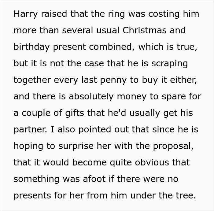 Text excerpt about a man’s proposal not counting as a Christmas gift, addressing expectations and reality check. Text excerpt about a man’s proposal not counting as a Christmas gift, addressing expectations and reality check.
