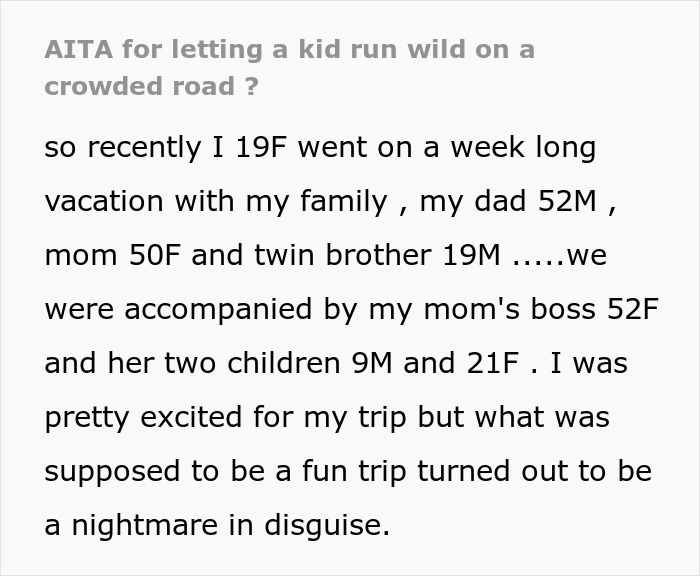 Teen gets yelled at for not stopping child from running into traffic during family trip, causing tension and conflict. Teen gets yelled at for not stopping child from running into traffic during family trip, causing tension and conflict.
