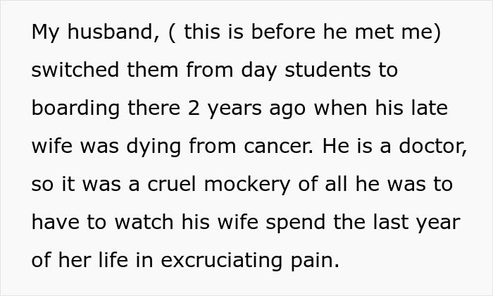 Text about woman asking stepchildren about home boarding school decision during a difficult family situation. Text about woman asking stepchildren about home boarding school decision during a difficult family situation.