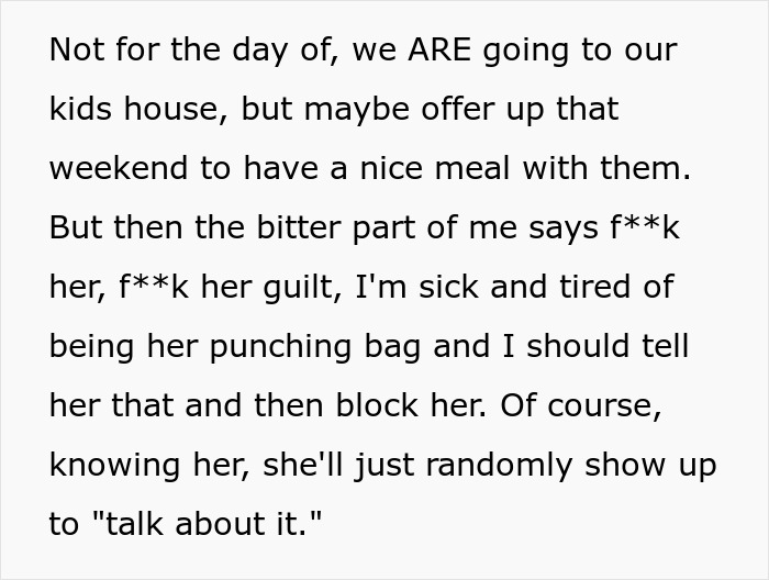 Text excerpt showing a woman expressing frustration about celebrating Thanksgiving with her kid and dealing with MIL’s reaction. Text excerpt showing a woman expressing frustration about celebrating Thanksgiving with her kid and dealing with MIL’s reaction.