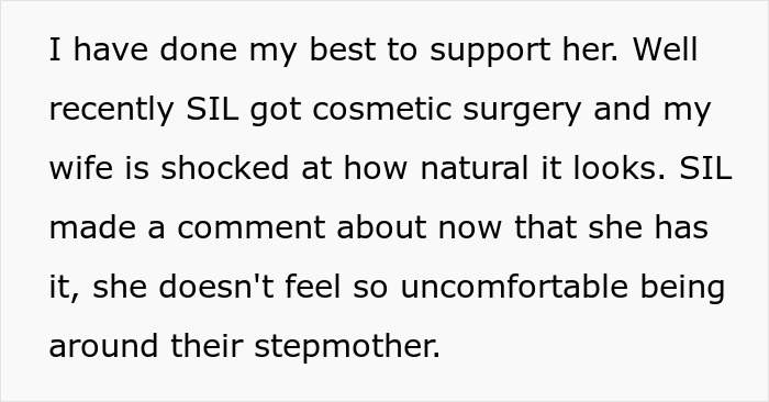 Text discussing refusing help to recover cosmetic surgery and reactions to natural-looking results from recent surgery.