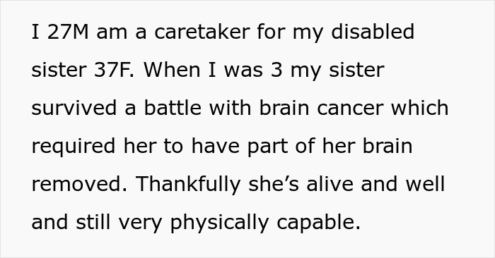 Text post describing a caretaker’s experience supporting a disabled sister after a brain cancer battle affecting her brain. Text post describing a caretaker’s experience supporting a disabled sister after a brain cancer battle affecting her brain.