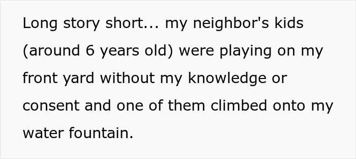 Text describing kids using neighbor’s yard without permission until injury leads to lawsuit seeking $10,000 in damages.